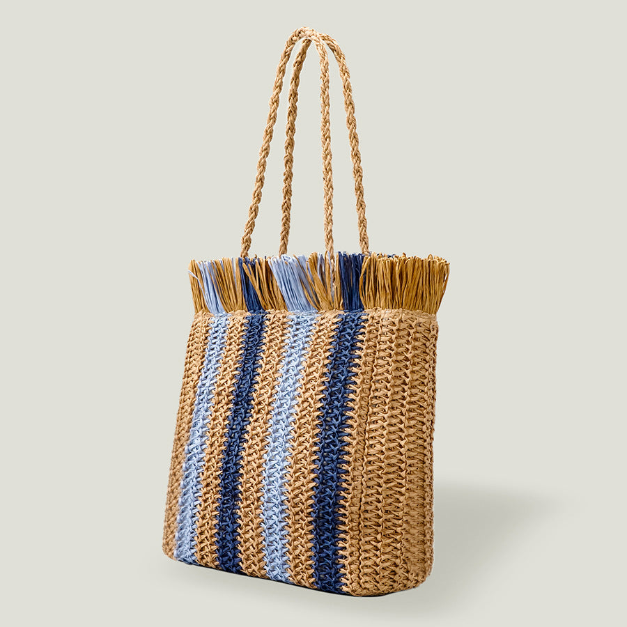 Handmade Straw Casual Commuter Tote Striped Fringe shopping Bag