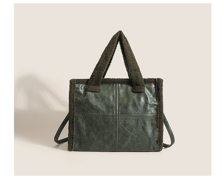 High-capacity Tote Lamb Wool Premium Casual Handheld Splice Wool Bag