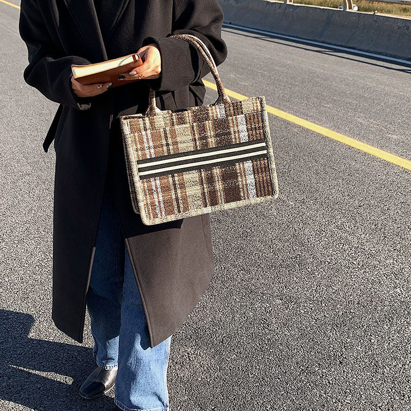 Stylish Canvas Check One Shoulder Tote handBag