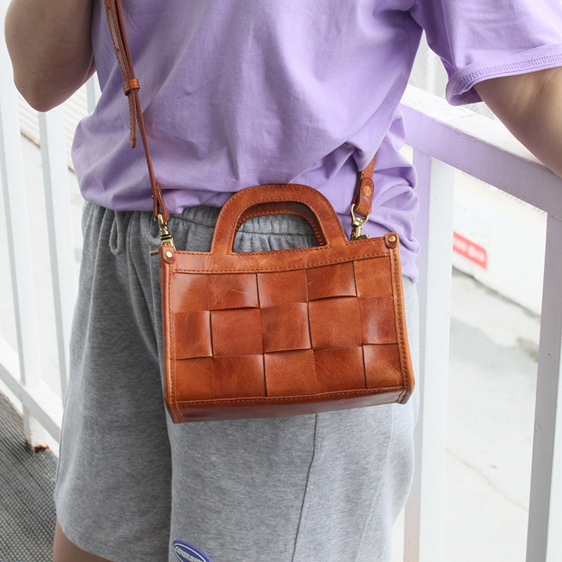 Top Layer Tree Cream Cow Leather Antique Woven Casual Shoulder Bag