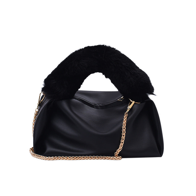 Fashion Solid Color One-shoulder Chain Plush Handbag
