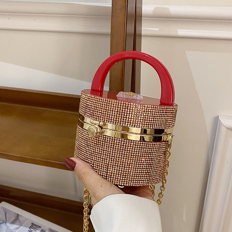Niche Design Rhinestone Lock Bucket Chain Shoulder Messenger Bag
