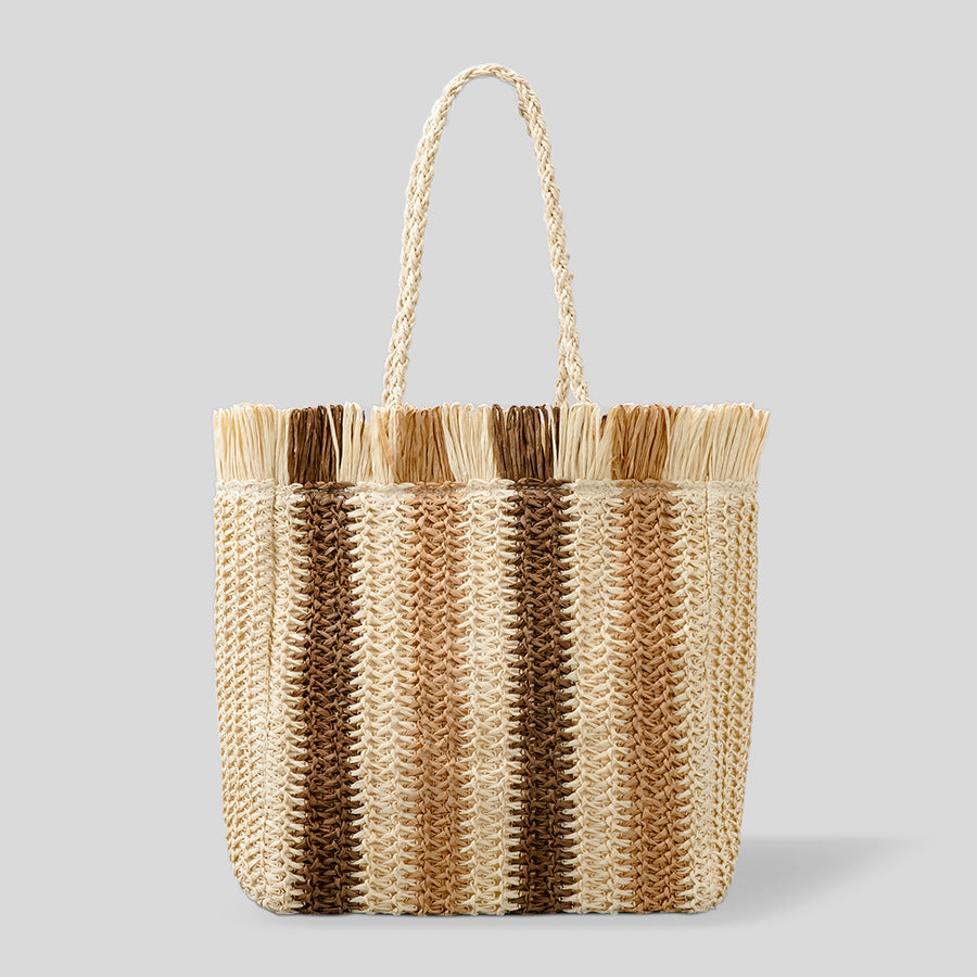 Handmade Straw Casual Commuter Tote Striped Fringe shopping Bag
