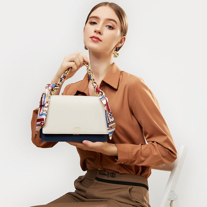 Contrast Color One Shoulder Handheld Versatile Leather handbag Small Square Bag