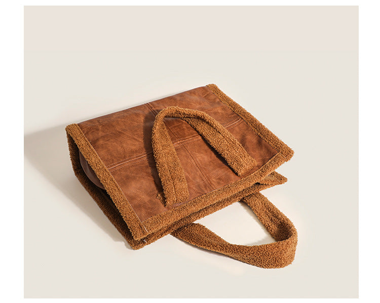 High-capacity Tote Lamb Wool Premium Casual Handheld Splice Wool Bag