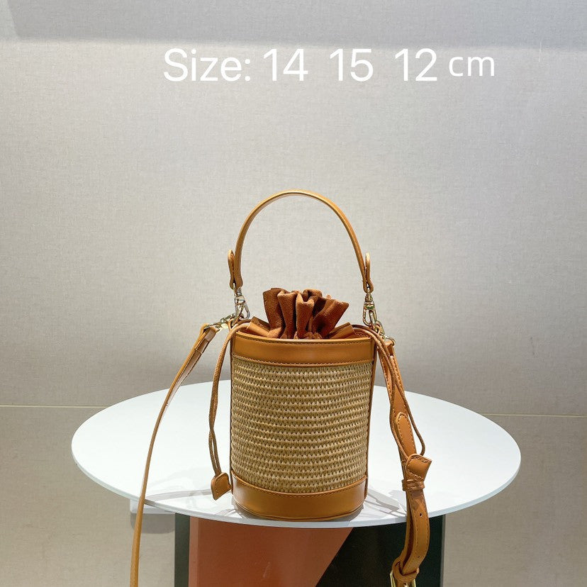 New Contrasting Vintage Straw Drawstring Bucket Bag