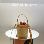 New Contrasting Vintage Straw Drawstring Bucket Bag