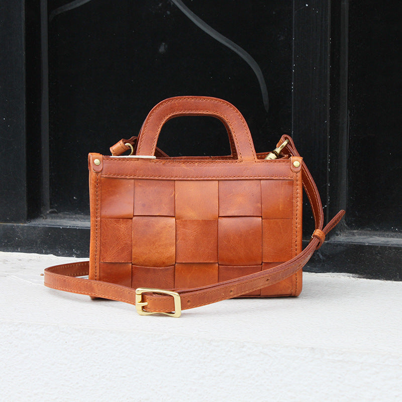 Top Layer Tree Cream Cow Leather Antique Woven Casual Shoulder Bag